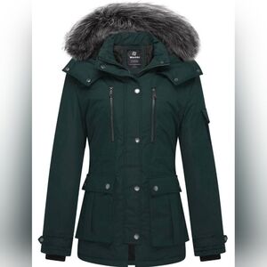 Wantdo Women's Winter Forest Green Parka Jacket with Faux Fur Trim NWOT